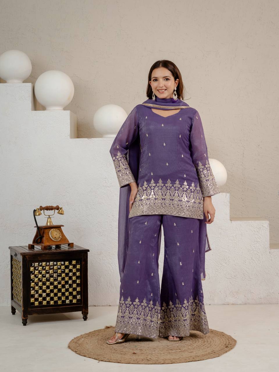 Elegant Lavender Embellished Kurta and Flared Sharara Set Featuring Intricate Silver Zari Embroidery and a Sheer Matching Dupatta